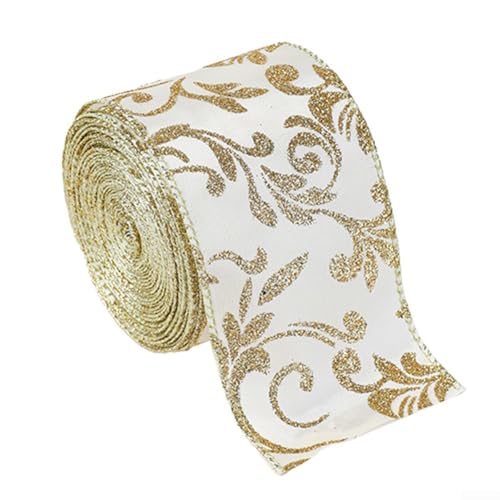 Sileduove Schleifenband Weihnachten,1 Rolle Band Glitter Wired Ribbon/Organza Sheer Ribbon with Gold Glitter Swirl Pattern(2,5 Zoll breit und Länge von 2 Metern/Rollen)(Hollow）(Ribbon printed) von Sileduove