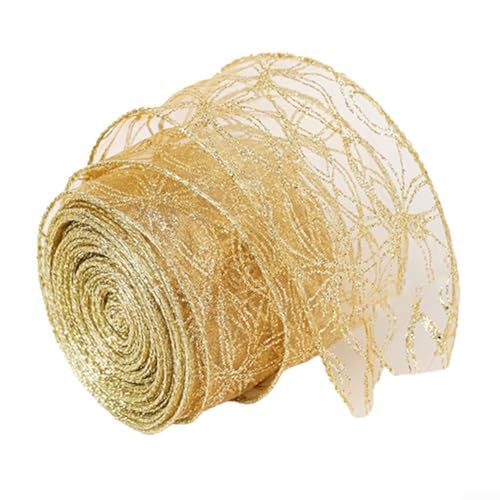 Sileduove Schleifenband Weihnachten,1 Rolle Band Glitter Wired Ribbon/Organza Sheer Ribbon with Gold Glitter Swirl Pattern(2,5 Zoll breit und Länge von 2 Metern/Rollen)(Hollow） von Sileduove