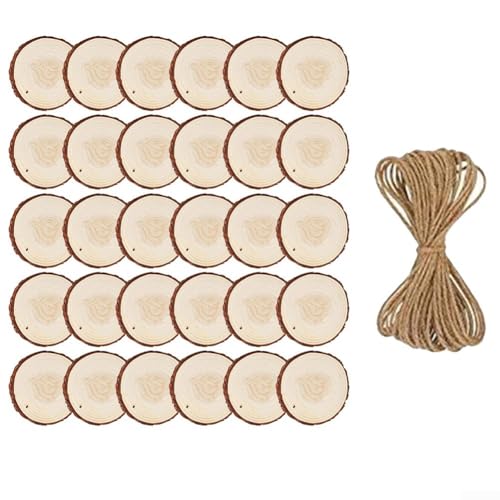 Sileduove Weihnachts Holz Ornamenten Mit Löchern, Weihnachts Holz Ornamente, Runde Holzschnitt Festival Home Holz Weihnachten Baum Strap Hanf Seil(30PCS) von Sileduove