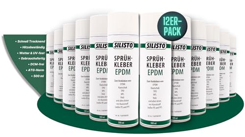 SILISTO Sprühkleber EPDM 500ml, 12er Pack - Textilkleber, Bastelkleber, Schuhkleber, Stoffkleber, Lederkleber, Hitzebeständiger Kleber, Folienkleber auf Holz, Beton, Metall und andere Stoffe geeignet von Silisto