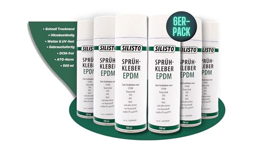 SILISTO Sprühkleber EPDM 500ml, 6er Pack - Textilkleber, Bastelkleber, Schuhkleber, Stoffkleber, Lederkleber, Hitzebeständiger Kleber, Folienkleber auf Holz, Beton, Metall und andere Stoffe geeignet von Silisto