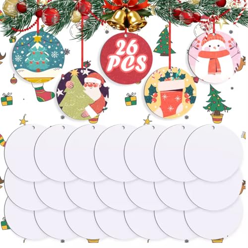 26 Stück Sublimationsverzierungen, runde Weihnachtsschmuck, Großpackung mit roter Schnur für Weihnachtsbaumdekoration, doppelseitige Sublimationsverzierungen, personalisierter Heißpressdruck für DIY, von Silkchio