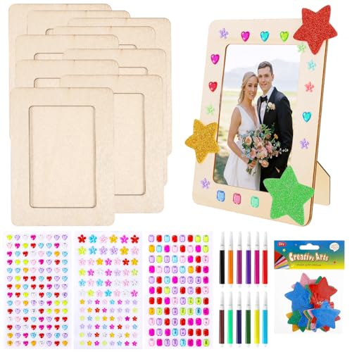 10x Bilderrahmen Bastelset Holz für Kinder - Holzbilderrahmen Set mit Aquarellstift - Selbstklebende Glitzersteine & Glitzersteine - DIY Handwerk Fotorahmen zum Selbstgestalten für Junge,Mädchen von Silkwish