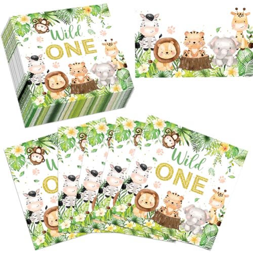 40x Servietten Geburtstag Kinder - Grün Servietten Tierischer - Wild One Servietten - Waldtiere Papierservietten - 33x33cm Servietten Dschungel Servietten für Jungen/Mädchen Party Geburtstag Tischdeko von Silkwish