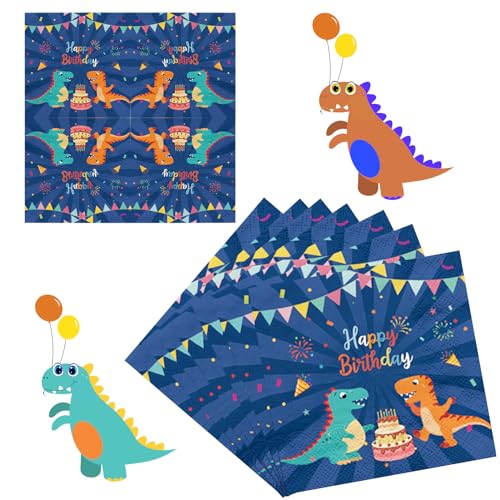 60 Stück Dinosaur Servietten Kindergeburtstag, 33 x 33Cm Dino Servietten Geburtstag Tischdeko, Happy Birthday Einweg Servietten Dino für Kindergeburtstag Jungen/Mädchen Geburtstag von Silkwish