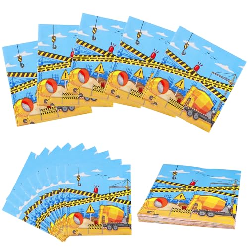 60 Stück Servietten Bagger für Kinder Geburtstage, 33 x 33Cm Kinderparty Blau Servietten, Einweg Servietten für Kindergeburtstage, Partys, Kommunion und Feiern von Silkwish