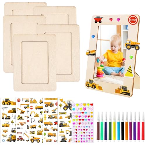 Silkwish 6 Stück Baustelle Bilderrahmen Bastelset Holz, Kinder Holzbilderrahmen Set mit Aquarellstift, Bagger Aufkleber und Glitzersteine, DIY Handwerk Fotorahmen zum Selbstgestalten von Silkwish