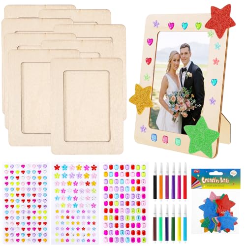 Silkwish 8 Stück Bilderrahmen Bastelset Holz,DIY Bilderrahmen Set Kinder,Rechteckige Bastelrahmen mit Bunte Glitzersteine und 12 Stück Aquarellstifte,für Kinder zum Basteln, Gestalten und als Dekoidee von Silkwish