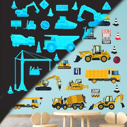 Wandsticker Leuchtend Bagger - Wandtattoo Kinderzimmer Jungen Baufahrzeug - Selbstklebend Wandsticker LKW Digger Traktor - Wandaufkleber Baustelle für Schlafzimmer Babyzimmer Wanddeko (Blau) von Silkwish