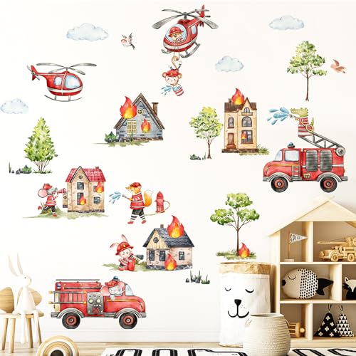 Silkwish Wandtattoo Feuerwehr, Feuerwehrauto Wandaufkleber, Selbstklebend Feuerwehr Wandtattoo Kinderzimmer Tiere Wolken Baum, Deko für Babyzimmer von Silkwish