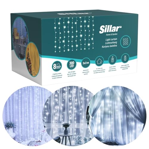 Sillar Lichtervorhang 3x3m LED, Lichterketten vorhang mit 8 Modi, 300LEDs, Innenbereich, Deko für Partydekoration, Weihnachten, Innenbeleuchtung (Kaltes Weiß) von Sillar