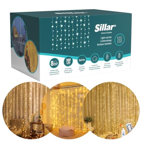 Sillar Lichtervorhang 3x3m LED, Lichterketten vorhang mit 8 Modi, 300LEDs, Innenbereich, Deko für Partydekoration, Weihnachten, Innenbeleuchtung (warmweiß) von Sillar