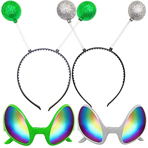 2 Paare Alien Stirnband und Brille, Alien Haarreif Alien Brille Kopfschmuck Alien Kostüm Zubehör Alien Regenbogenlinse Sonnenbrille, Alien Kostümstirnband Boppers Antenne für Erwachsene und Kinder von Silom