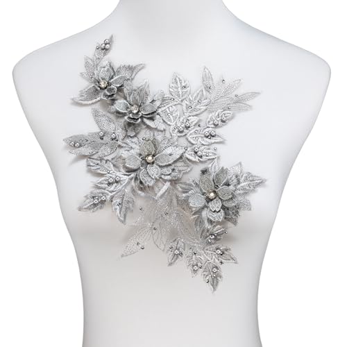 Silvora 3D-Applikation mit Blumenmuster, Perlen, Strass, Spitze, DIY-Flicken, Zubehör für Hochzeitskleider, Halsausschnitt, Miederhose (silber-links) von Silvora