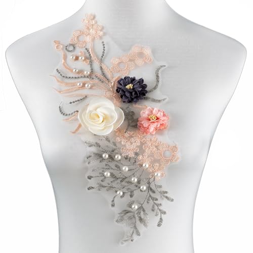 Silvora 3D-bestickte Perlenblumen-Applikation, handgefertigtes Nähwerkzeug für DIY-Hochzeit, Brautkleid, Blumenaufnäher (rosa-grau) von Silvora