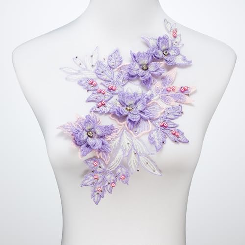 Silvora 3D-bestickter Blumenstoff, Perlen, Strass, Perlen, Spitzen-Applikation, DIY-Flicken, Zubehör für Hochzeitskleider, Halsausschnitt, Miederhose (lila-rechts) von Silvora