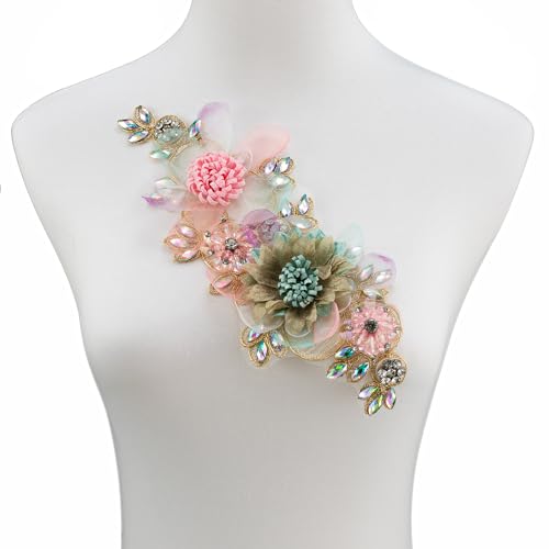 Silvora 3D-bestickter Perlen-Blumenstoff, bunte Strass-Applikation, handgefertigtes Nähwerkzeug für selbstgemachte Hochzeitskleid, Blumenaufnäher (Rosa-Grün-1) von Silvora
