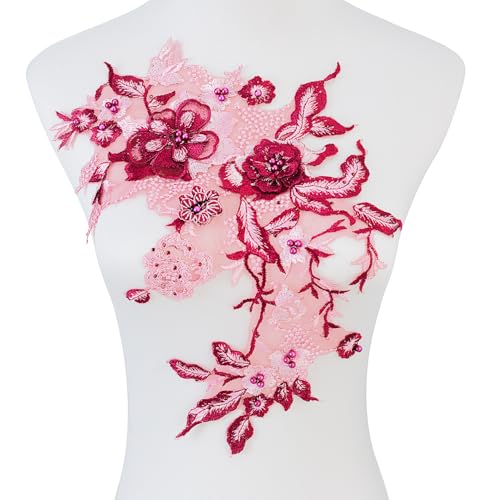 Silvora Bunte Blumen-Applikation mit Perlen, Spitzenapplikation, 3D-Stickerei, Stoffaufnäher für Brautkleid, handgefertigtes Nähwerkzeug für Hochzeit, DIY Handwerk (Rot - 2) von Silvora