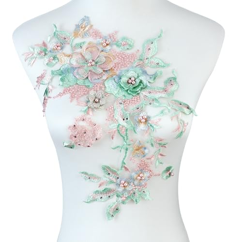 Silvora Bunte Blumen-Applikation mit Perlen, Spitzenapplikation, 3D-bestickter Blumenstoff für Brautkleid, handgefertigtes Nähwerkzeug für Hochzeit, DIY Handwerk (grün) von Silvora