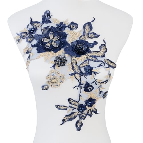 Silvora Bunte Blumen-Applikation mit Perlen, Spitzenapplikation, 3D-bestickter Blumenstoffaufnäher für Brautkleid, handgefertigtes Nähwerkzeug für Hochzeit, DIY Handwerk (Blau-3) von Silvora