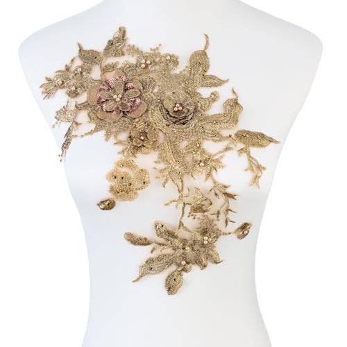 Silvora Bunte Blumen-Applikation mit Perlen, Spitzenapplikation, 3D-bestickter Blumenstoffaufnäher für Brautkleid, handgefertigtes Nähwerkzeug für Hochzeit, DIY Handwerk (Gold-2) von Silvora