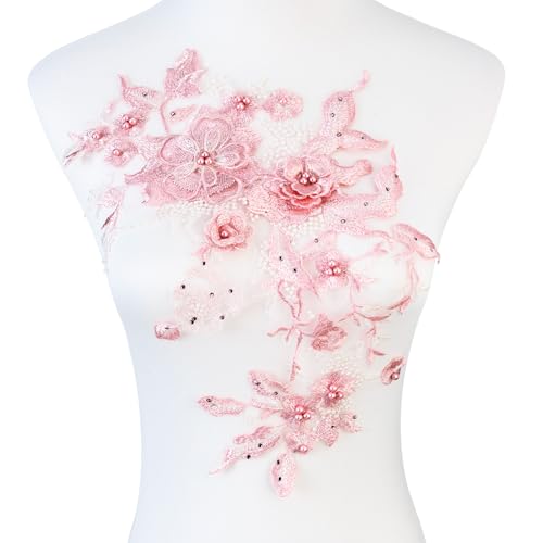 Silvora Bunte Blumen-Applikation mit Perlen, Spitzenapplikation, 3D-bestickter Blumenstoffaufnäher für Brautkleid, handgefertigtes Nähwerkzeug für Hochzeit, DIY Handwerk (Rosa) von Silvora