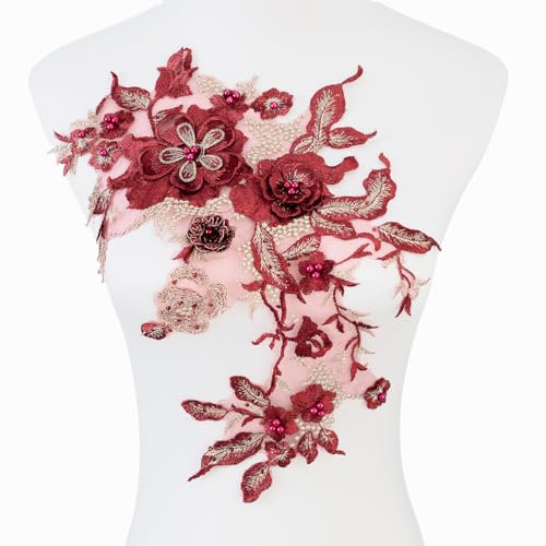 Silvora Bunte Blumen-Applikation mit Perlen, Spitzenapplikation, 3D-bestickter Blumenstoffaufnäher für Brautkleid, handgefertigtes Nähwerkzeug für Hochzeit, DIY Handwerk (Rot 1) von Silvora