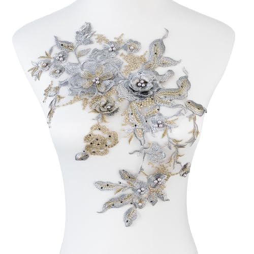 Silvora Bunte Blumen-Applikation mit Perlen, Spitzenapplikation, 3D-bestickter Blumenstoffaufnäher für Brautkleid, handgefertigtes Nähwerkzeug für Hochzeit, DIY Handwerk (Silber) von Silvora