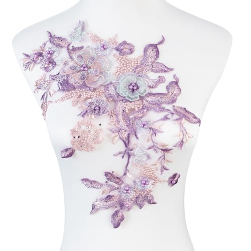 Silvora Bunte Blumen-Applikation mit Perlen, Spitzenapplikation, 3D-bestickter Blumenstoffaufnäher für Brautkleid, handgefertigtes Nähwerkzeug für Hochzeit, DIY Handwerk (Violett-1) von Silvora