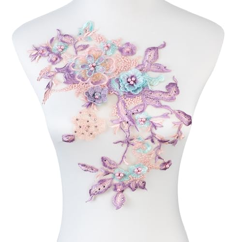 Silvora Bunte Blumen-Applikation mit Perlen, Spitzenapplikation, 3D-bestickter Blumenstoffaufnäher für Brautkleid, handgefertigtes Nähwerkzeug für Hochzeit, DIY Handwerk (Violett-2) von Silvora