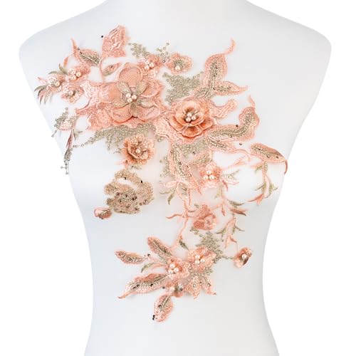 Silvora Bunte Blumen-Applikation mit Perlen, Spitzenapplikation, 3D-bestickter Blumenstoffaufnäher für Brautkleid, handgefertigtes Nähwerkzeug für Hochzeit, DIY Handwerk (orange) von Silvora