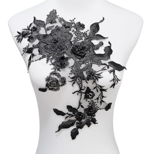 Silvora Bunte Blumen-Applikation mit Perlen, Spitzenapplikation, 3D-bestickter Blumenstoffaufnäher für Brautkleid, handgefertigtes Nähwerkzeug für Hochzeit, DIY Handwerk (schwarz) von Silvora