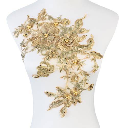 Silvora Bunte Blumenstoff mit Perlen, Spitzenapplikation, 3D-bestickter Blumenstoffaufnäher für Brautkleid, handgefertigtes Nähwerkzeug für Hochzeit, DIY Handwerk (Gold-1) von Silvora