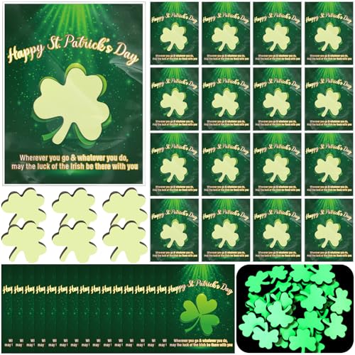 Simgoing St. Patrick's Day Geschenksets, leuchtet im Dunkeln, Holz-Kleeblatt, Dekoration, mit Karten, grün, leuchtende Kleeblätter, Raumdekoration für irische St. Patrick's Day, Partyzubehör, 36 Stück von Simgoing