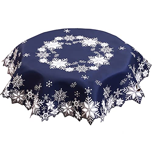 Simhomsen Kleine bestickte Schneeflocken-Tischdecke, runde Aufsätze für Weihnachten, Urlaub und Winter (marineblau, rund 86,4 cm) von Simhomsen