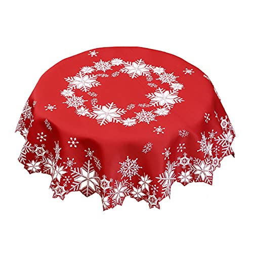 Simhomsen Kleine bestickte Schneeflocken-Tischdecke, runde Aufsätze für Weihnachten, Urlaub und Winter (rot, rund 86,4 cm) von Simhomsen