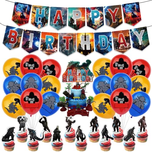 34 Stück Monster Film Party Supplies Helium-Folienballons Set, Tier Monster Folienballons Action Monster Latex Ballons, Happy Birthday Banner, Cake Topper Deko Für Monster-Horror Mottoparty Party von Simmpu