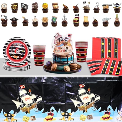 66PCS Kreative Piraten Party Dekoration Set Piraten Thema Geburtstag Party Dekoration Party Supplies Set Kinder Geschirr Papierbecher Serviette Kuchen Einsatz Karte Junge Kann 10 Gäste halten (rot) von Simmpu