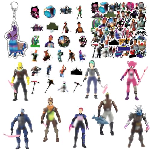 8pcs Battle Game Cake Topper Figuren Set,Charakter-Aufkleber & Acryl-Schlüsselanhänger, Figuren mit Erntewerkzeugen,animierter Schlüsselanhänger,50pcs Vinyl Stickers Party Dekoration für Kinder von Simmpu