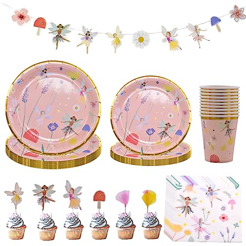 Blumenfeen Geburtstag Partygeschirr Dekoration Set 57 Stücke Blumenfeen Themen Kindergeburtstag Dekorationen Enthalten Servietten Teller Banner Cupcake Topper für Kinder Geburtstag (10 Gast) von Simmpu