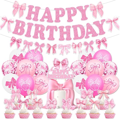 Simmpu 32 Stück rosa Schleife Geburtstag Party Dekor Mädchen Kokette Party Supplies Süße Schleife Party Supplies mit Happy Birthday Banner Luftballons Cupcake Topper Kuchen Dekor für Mädchen Baby von Simmpu