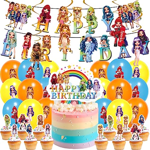 Simmpu 38PCS Rainbow Doll Geburtstagsdeko Luftballons,Rainbow High Geburtstag Deko,Rainbow Doll Party Dekoration Rainbow Doll Kuchendeko Cupcake Topper von Simmpu