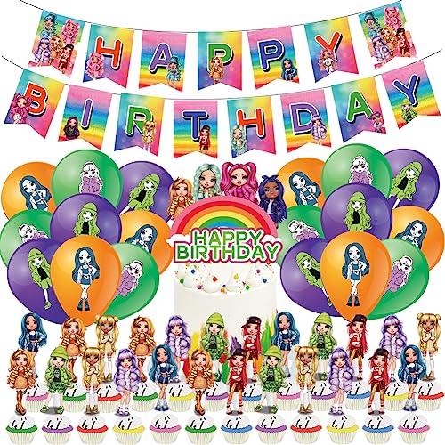 Simmpu 44PCS Rainbow Doll Geburtstagsdeko Luftballons,Rainbow High Geburtstag Deko,Rainbow Doll Party Dekoration Rainbow Doll Kuchendeko Cupcake Topper von Simmpu