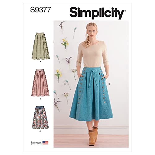 SIMPLICITY SS9377U5 Damenhose, ausgestellt, zwei Längen, mit Verschlussvarianten, mit weichen Falten von Hüftpasse und seitlichen Eingrifftaschen Personalisieren Sie Ihren Rock mit den perfekten Knöpfen, 16-18-20-22-24 von Simplicity