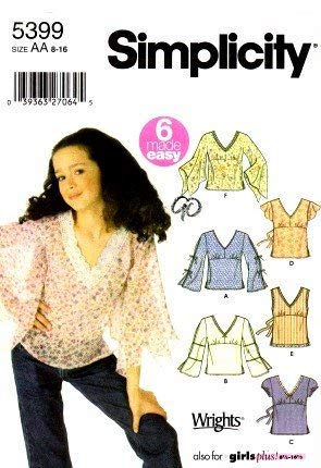 Simplicity 5399 Sewing Pattern Girls Pullover Tops Sleeve Trim Variations Size 8-16 von Simplicity