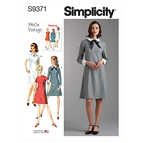 Simplicity SS9371F5 Damenkleid in Übergröße, A-Linien-Kleid hat Vordernähte, Lange und Kurze Ärmel, Kragen-und Manschettenvarianten, Gürtel hinten, 18W-20W-22W-24W-26W von Simplicity