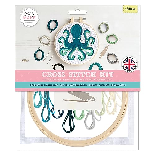 Simply MAKE Kreuzstich-Set – Oktopus-Design für Kinder und Erwachsene, einschließlich Reifen, Stickgarn, Stoff und Nadel, perfekt für Erwachsene Handwerk und Anfänger, Starter-Kreuzstich-Bastelset von Simply MAKE