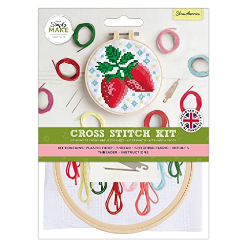 Simply MAKE docrafts Kreuzstich Hoop Stickerei Kit Erdbeeren DIY Machen Sie Ihr eigenes Bastelset für Erwachsene Ältere Kinder Kinder Anfänger Erfahrene Bastler Perfektes Hobby von Simply MAKE