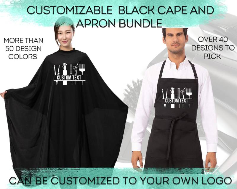 Bundle Custom Black Salon Cape Und Schürze, Professional Barbershop Schürze Cape, Hairstylist Geschenk, Cape von SimplyShamyDesigns