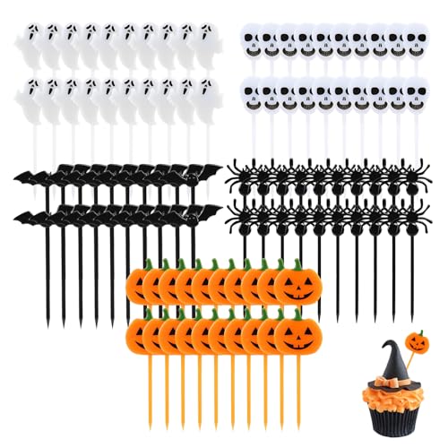 100 Stück Halloween Cupcake Topper, 5 Stile, Kuchendeko mit Fledermaus, Geist, Kürbis und Spinne für Halloween-Party von Simsky